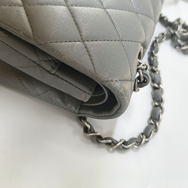 Chanel Timeless Classic Flap Medium Grey Lambskin Leather Silver Hardware