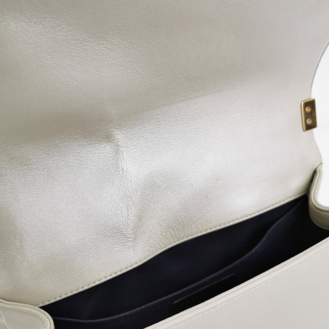 Chanel Le Boy Medium White Pearlescent Waffle Lambskin Leather Red Lock 2013-2014