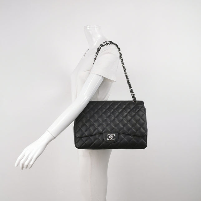 Chanel Classic Flap Maxi Black Caviar Leather Double Flap Sliver Hardware