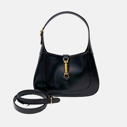 Gucci Jackie 1961 Black Leather Bag Small Piston Lock With Strap-Luxbags