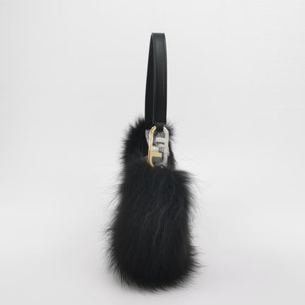 FENDI O Lock Black Leather and Faux Fur Shoulder Bag