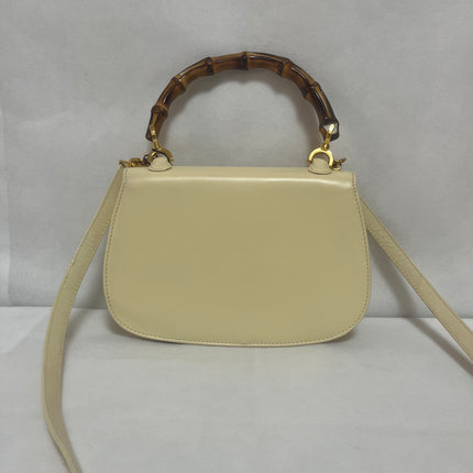 Gucci Bamboo 1947 Vintage Small White Box Leather Top Handle and Leather Strap Bag
