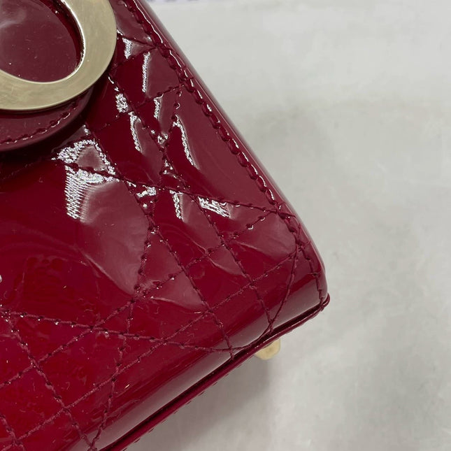 Lady Dior Mini Handbag Burgundy Red Patent Leather Gold-tone Chain Strap