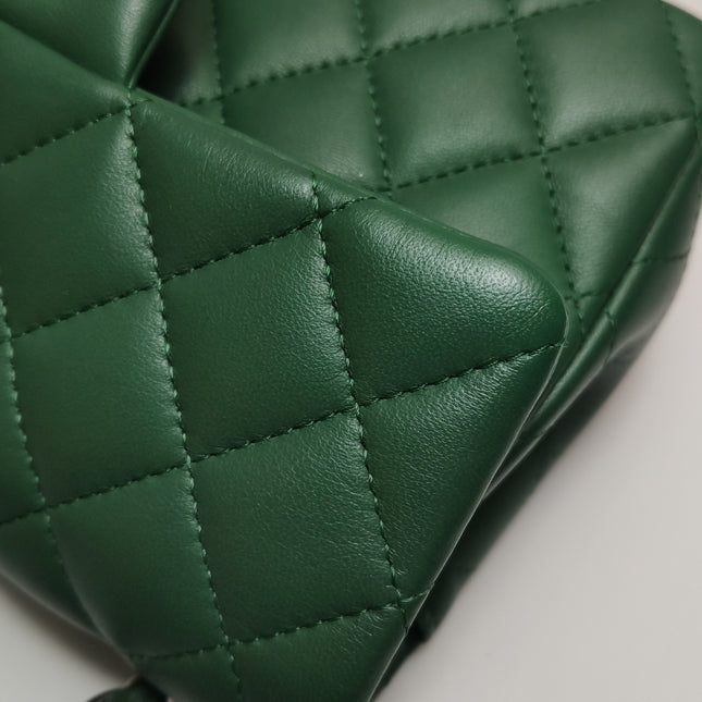 Chanel Classic Flap Mini Rectangular Green Lambskin Leather Silver Hardware