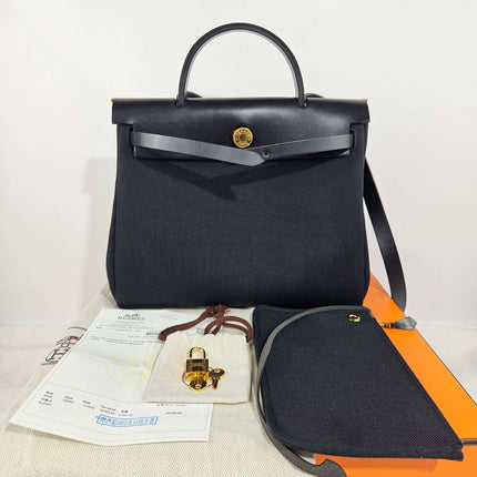 Hermes Herbag 31 Black Canvas Gold Hardware Crossbody Bag