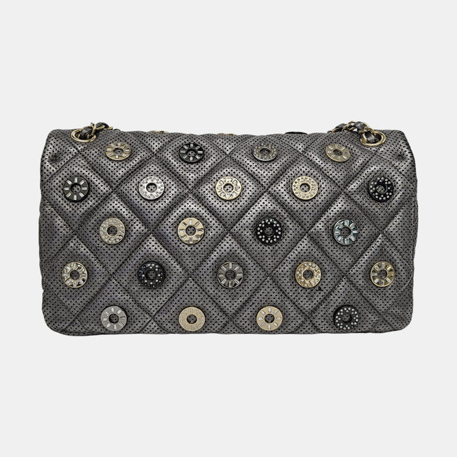 Chanel Paris-Dubai Jumbo Grey Perforated Lambskin Leather with Buttons Gold Hardware