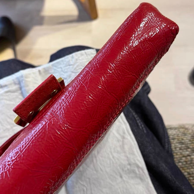 FENDI Baguette Red Crinkled Patent Leather Shoulder Bag