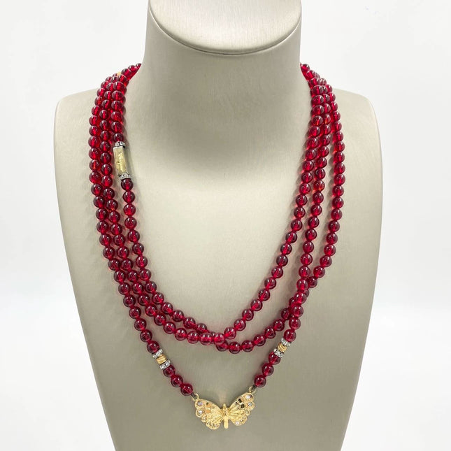 Ferragamo Vintage Rare Red Ruby Beads Necklace Gold Plated Butterfly Signed