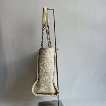 Chanel Deauville Tote Gold Beige Cloth Leather Chain Strap Small 34cm