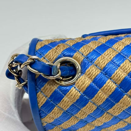 Chanel Mini Raffia Jute Striped Flap Bag Blue Diamond Wild Stitch