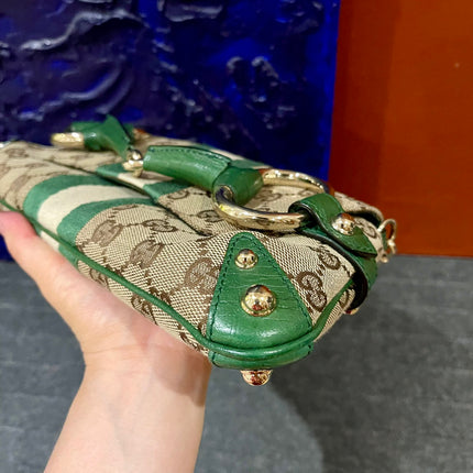 Gucci Horsebit 1955 Chain Bag Gucci Monogram Green Leather and Gold Studs