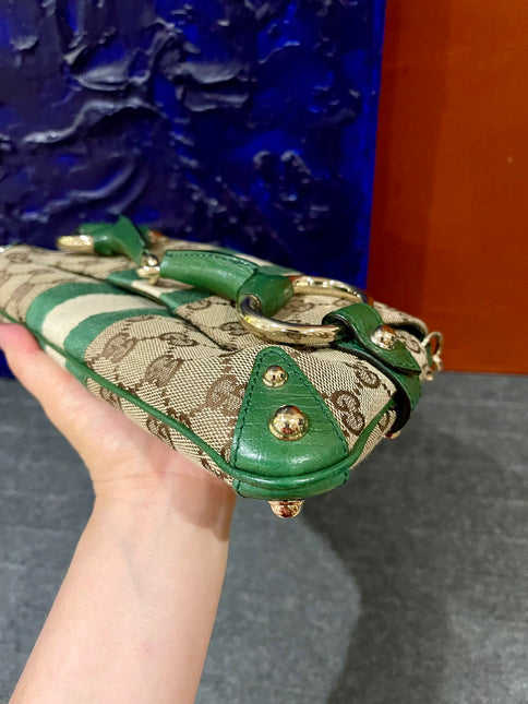 Gucci Horsebit 1955 Chain Bag Gucci Monogram Green Leather and Gold Studs