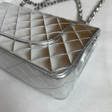 Chanel Classic Flap Medium Silver Lambskin Leather Silver Hardware