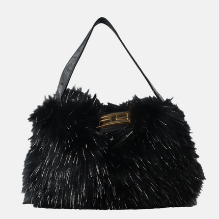 Fendi Baguette Black Furry Pink Interior Shoulder Bag-Luxbags