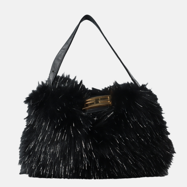 Fendi Baguette Black Furry Pink Interior Shoulder Bag-Luxbags