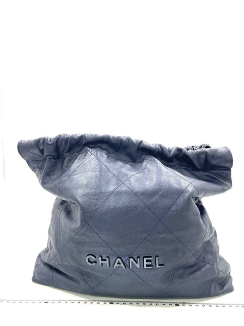 Chanel 22 Hobo Bag Medium Shiny Calfskin Leather Metallic Navy