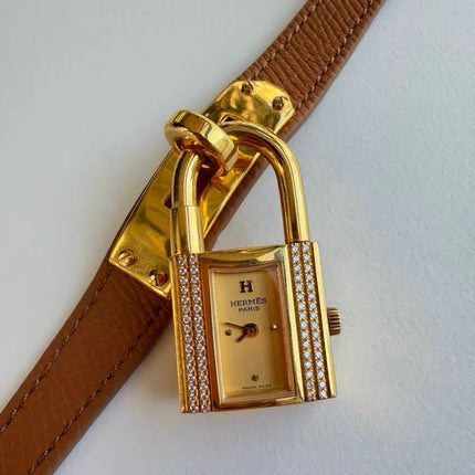 Hermès Kelly Padlock Gold Watch with Diamonds Brown Leather Strap