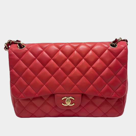 Sold Chanel Classic Flap Large Red Leather Gold Hardware Karl Lagerfeld Signature-Luxbags