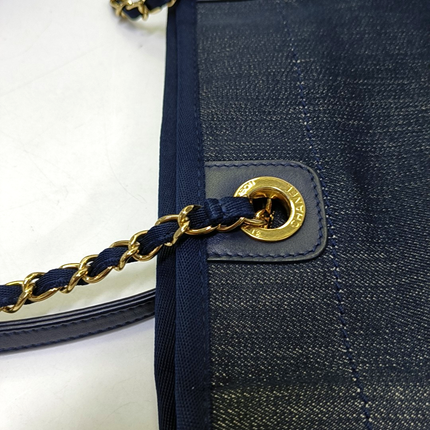 Chanel Deauville Tote Navy Denim Cloth Leather Chain Strap Gold Hardware Medium 30cm