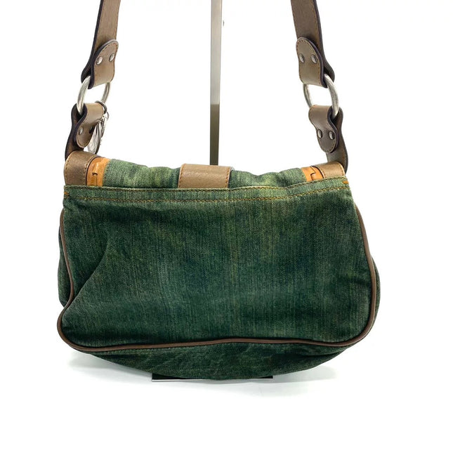 Dior Vintage Gaucho Large Green Denim Brown Leather Crossbody Bag