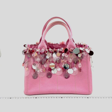 Prada Canape Small Pink Canvas with Sequins Top Handle Bag with Strap Rare