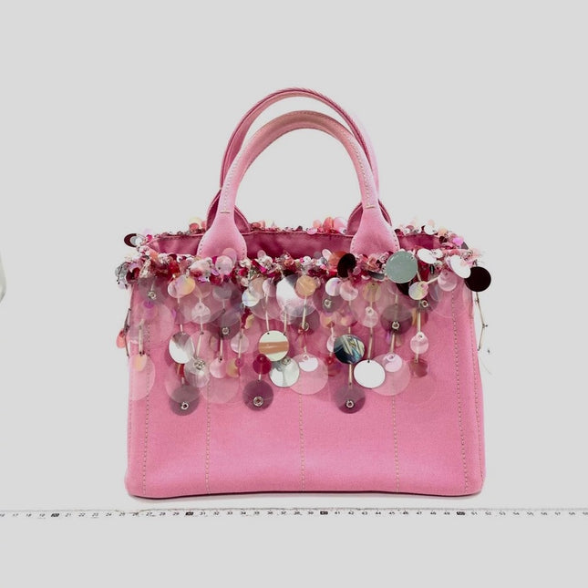 Prada Canape Small Pink Canvas with Sequins Top Handle Bag with Strap Rare