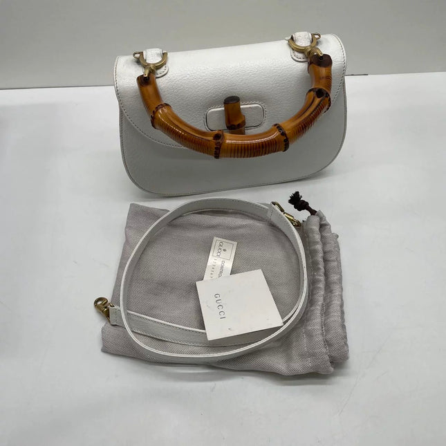 Gucci Bamboo 1947 Medium Vintage White Grained Leather With Strap
