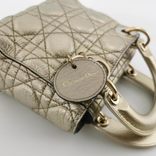 Sold Lady Dior Mini Supple Calfskin Leather Gold Cannage Handbag with Strap