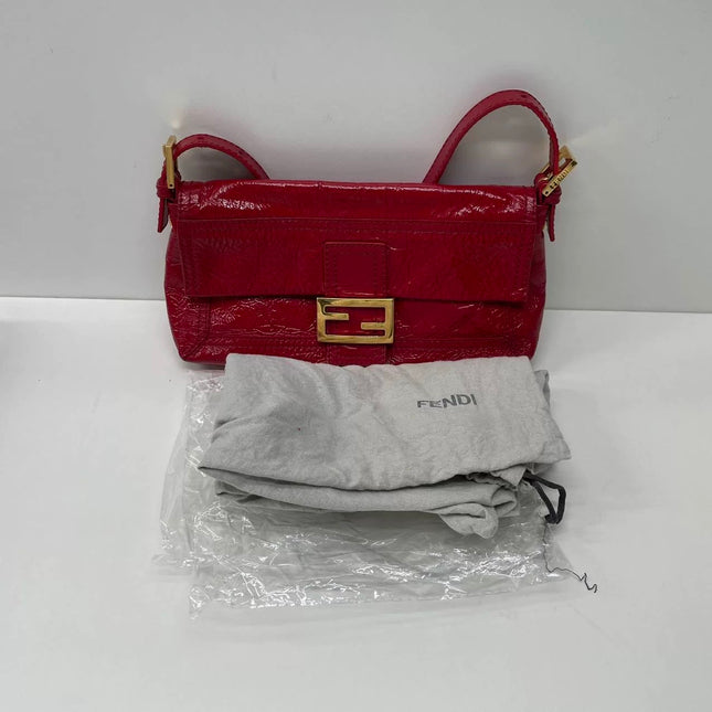 FENDI Baguette Red Crinkled Patent Leather Shoulder Bag