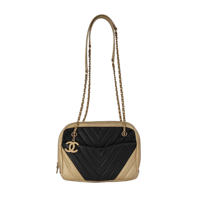 Chanel Camera Bag Chevron Stitching Black Gold Lambskin Leather Double Gold Chain, 2014-Luxbags