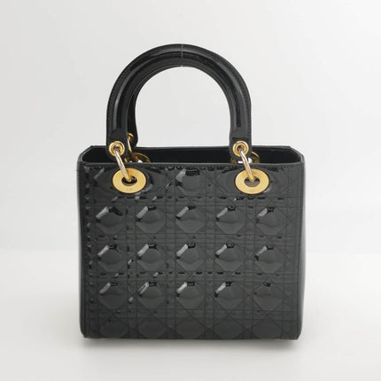 Sold Lady Dior Medium Black Patent Leather Handbag with Gold Hardware