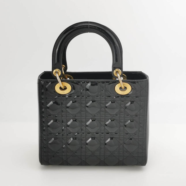 Sold Lady Dior Medium Black Patent Leather Handbag with Gold Hardware