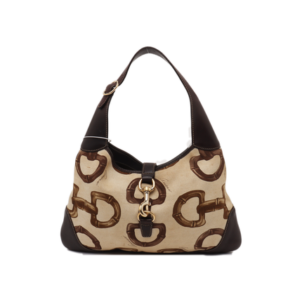 Gucci Jackie Vintage Medium Horsebit Print Cloth and Brown Leather Gold Hardware-Luxbags