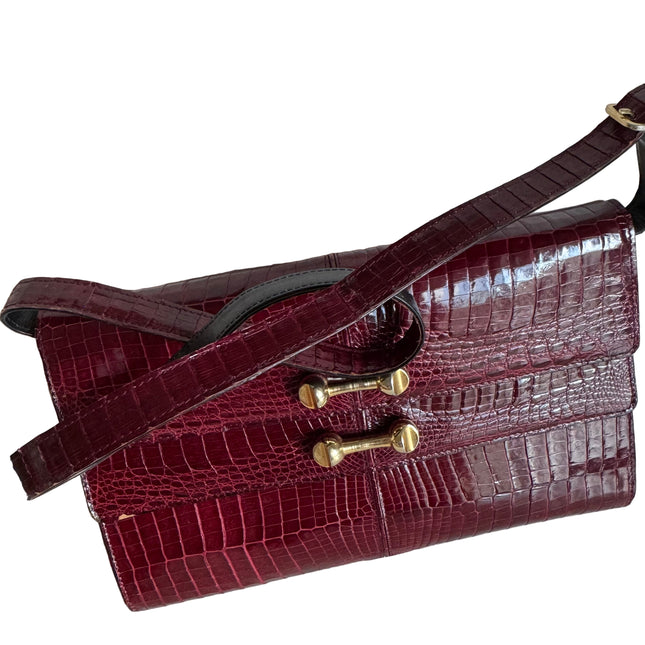 Vintage Burgundy Crocodile Leather Gold-tone Hardware Clutch Shoulder Bag
