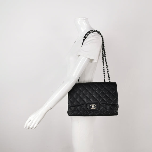 Chanel Classic Flap Jumbo Black Caviar Leather Single Flap Silver Hardware 2006-08