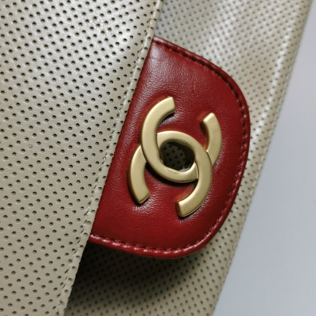 Chanel Vintage Classic Flap Bi-color Beige Perforated Leather and Red Leather Strap Bag, 2000-2002