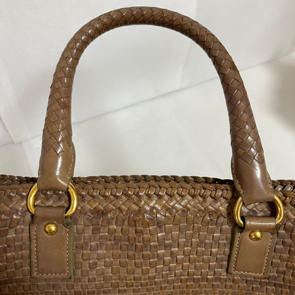 Prada Madras Brown Woven Leather Top Handle Shopping Tote