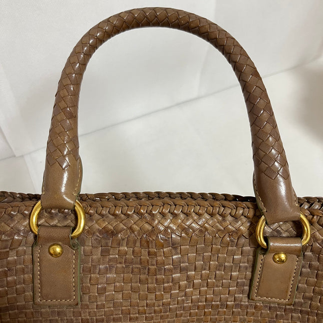 Prada Madras Brown Woven Leather Top Handle Shopping Tote