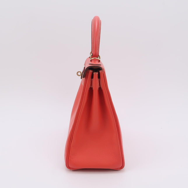 Hermes Kelly 28 Retourne Calfskin Leather Rose Exterior Brown Interior Gold Hardware Double Ring