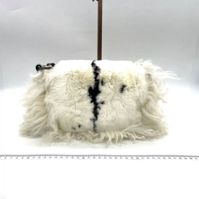 Fendi White Fur FF Logo Flap Shoulder Bag
