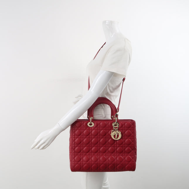 Lady Dior Large Bag Red Lambskin Cannage Leather Silver Hardware