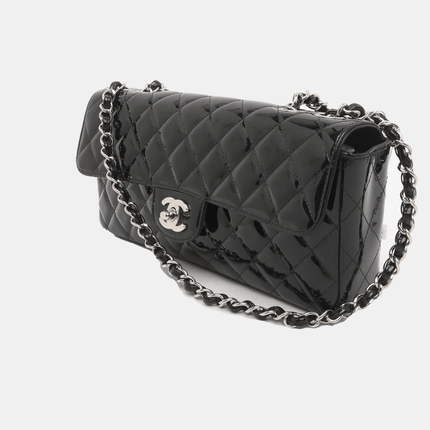 Chanel Baguette Flap Shoulder Bag Black Patent Leather Silver Double Chain
