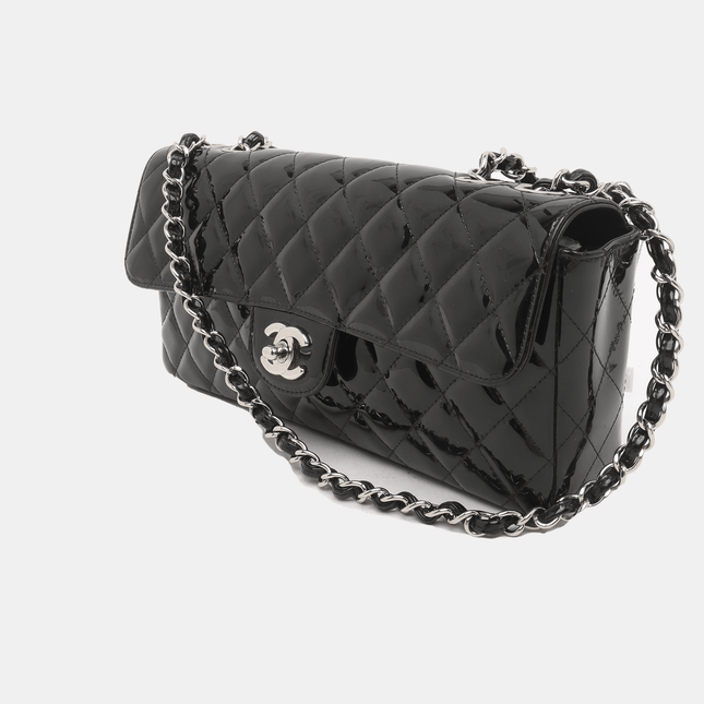 Chanel Baguette Flap Shoulder Bag Black Patent Leather Silver Double Chain