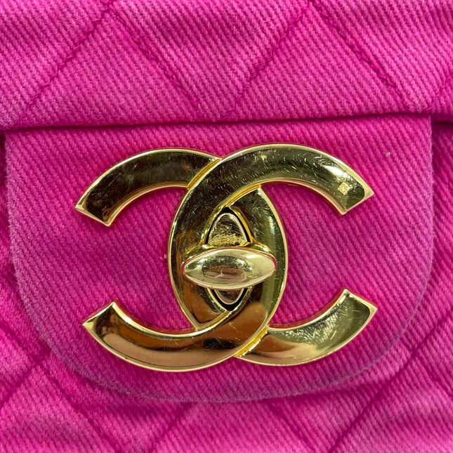 Chanel RARE Vintage Classic Maxi 34 Flap Hot Pink Denim Giant CC 24 Gold Hardware