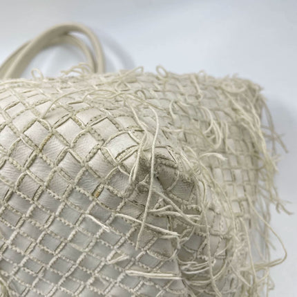 Bottega Veneta Cabat Large Intreccio Leather with Fringes White Ecru 40cm
