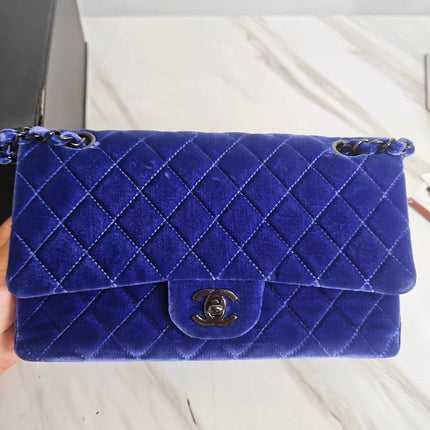 Chanel Classic Flap Medium Royal Blue Velvet Silver Hardware