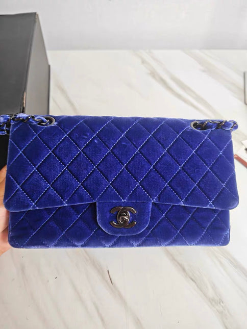 Chanel Classic Flap Medium Royal Blue Velvet Silver Hardware