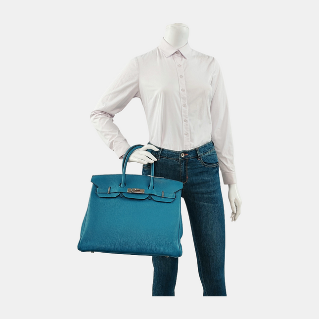 Hermes Birkin 35 Clemence Leather 7W Bleu Izmir Blue Palladium Hardware 2012