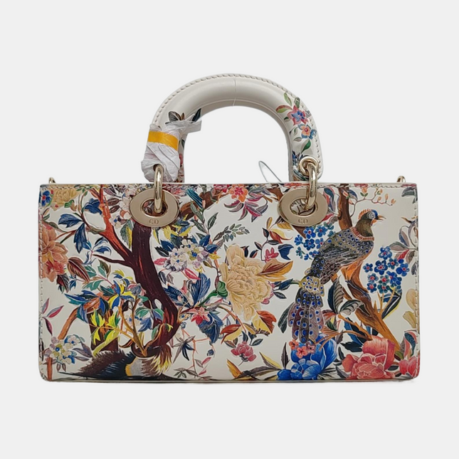 Lady D-Joy Medium Bird and Flower Embroidery Calfskin Leather