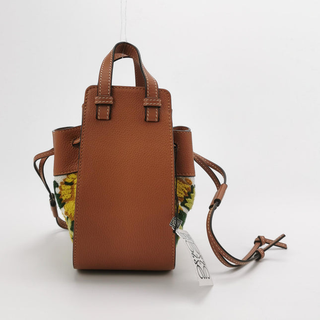 Loewe x William de Morgan Hammock Mini Tan Brown Leather Yellow Flower Embroidery Top Handle Crossbody Bag